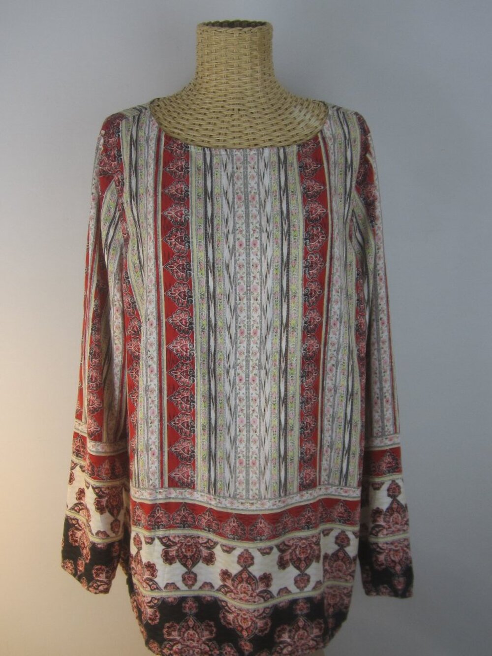 J Jill Women L Red Multicolor Stripe Paisley LS Rayon Provincial Tunic Shirt Top